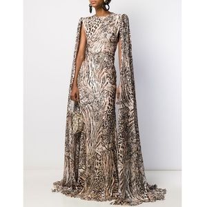 Alex Perry Animal Print Chiffon Cape Gown